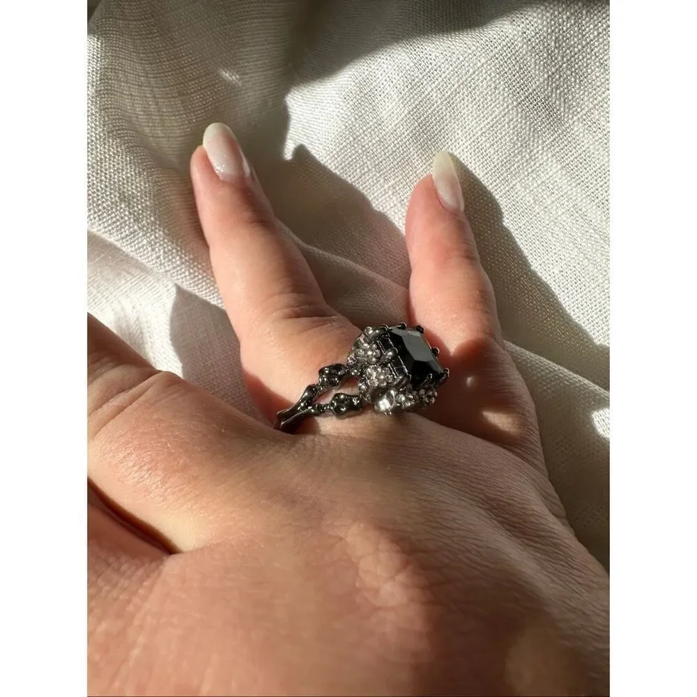 Black Onyx cubic zirconia Halloween skull cocktail ring